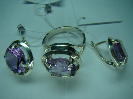 Комплект кольцо и серьги серебро аметист