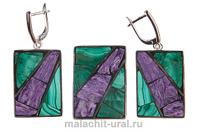 Прямоугольные серьги кольцо малахит