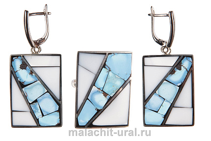 Серьги и кольцо в форме листьев бирюза