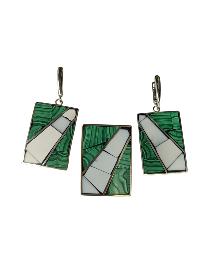 Большие серьги и кольцо малахит мозаика