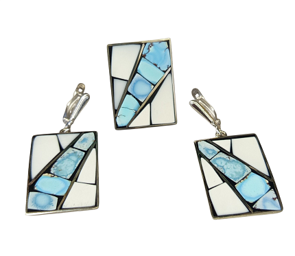 Серьги и кольцо в форме листьев бирюза