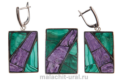Прямоугольные серьги кольцо малахит